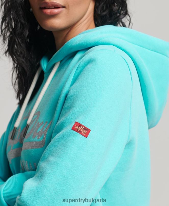 Superdry облекло N00H3423 тюркоаз Жени оригинална качулка с винтидж лого