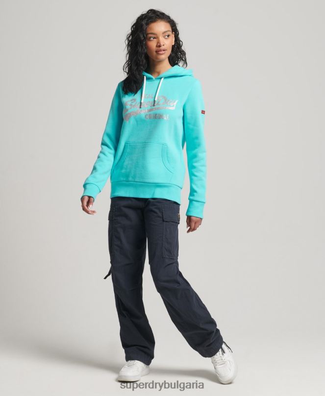 Superdry облекло N00H3423 тюркоаз Жени оригинална качулка с винтидж лого