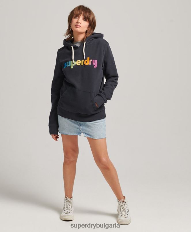 Superdry облекло N00H3428 военноморски флот Жени качулка с бродирано лого на дъгата
