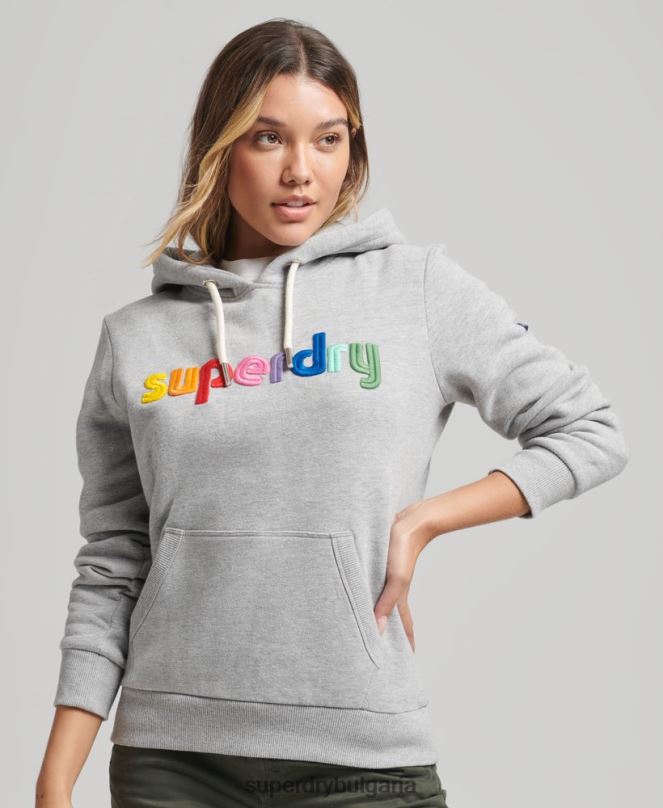 Superdry облекло N00H3446 сиво Жени качулка с бродирано лого на дъгата