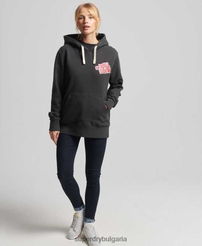 Superdry облекло N00H3447 тъмно сив Жени винтидж качулка Crossing Lines