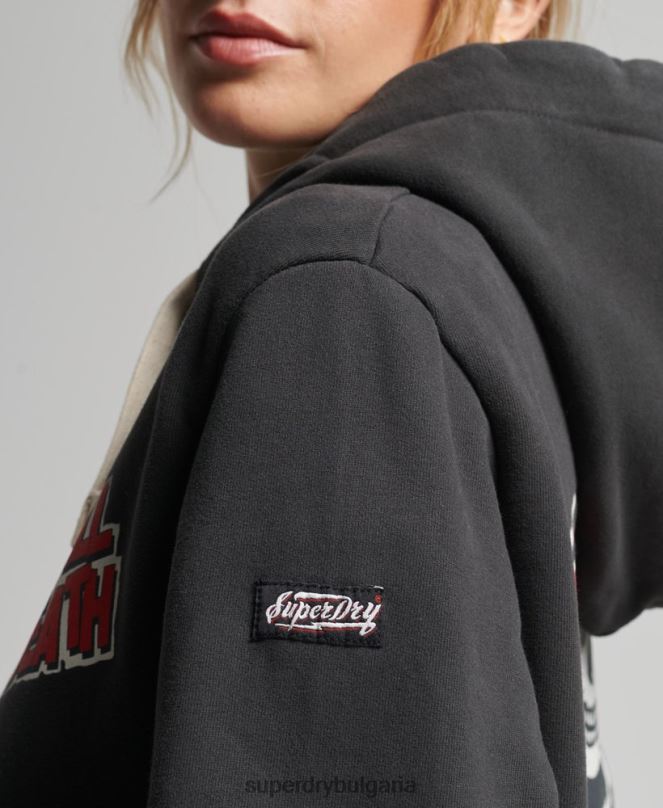 Superdry облекло N00H3447 тъмно сив Жени винтидж качулка Crossing Lines