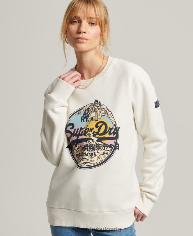 Superdry облекло N00H3456 сметана Жени ретро суитшърт с лого на екипажа