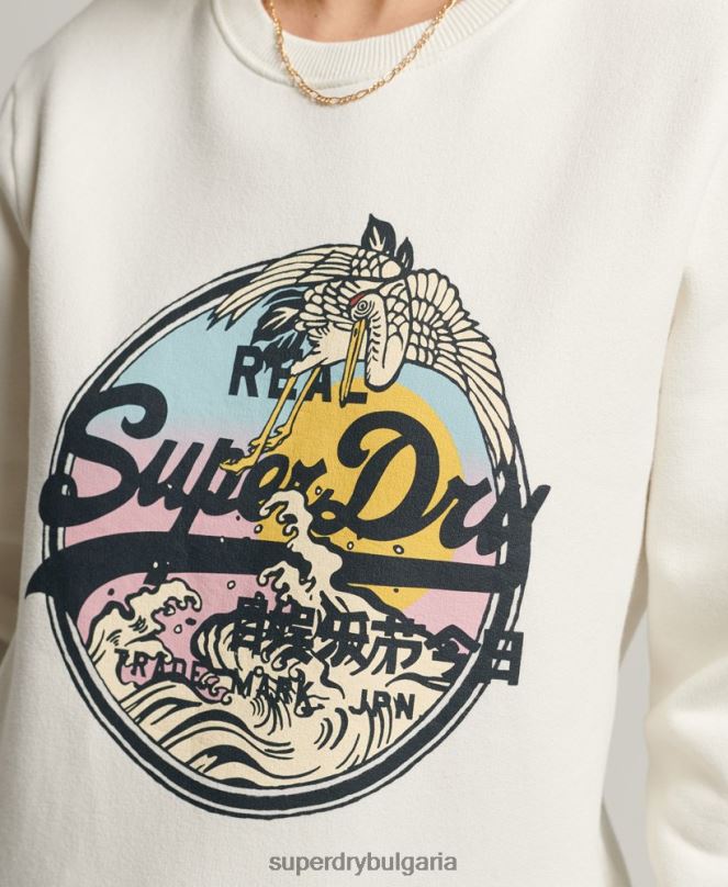 Superdry облекло N00H3456 сметана Жени ретро суитшърт с лого на екипажа