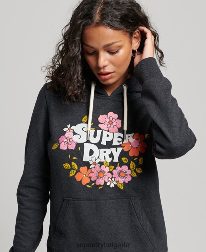 Superdry облекло N00H3461 черен Жени винтидж качулка с флорален сценарий