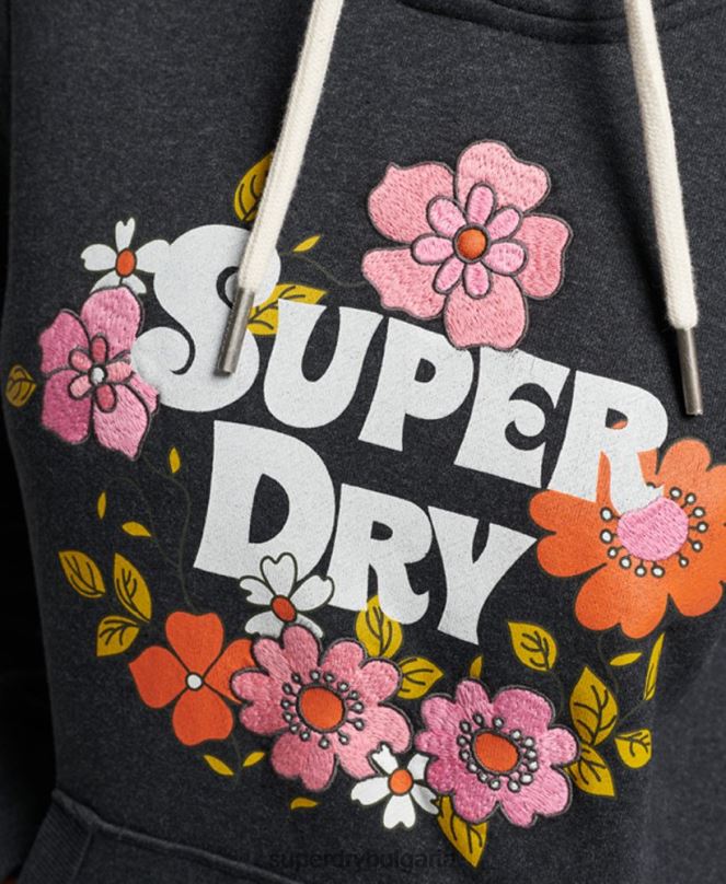 Superdry облекло N00H3461 черен Жени винтидж качулка с флорален сценарий