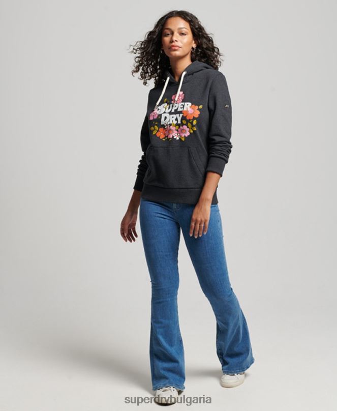 Superdry облекло N00H3461 черен Жени винтидж качулка с флорален сценарий