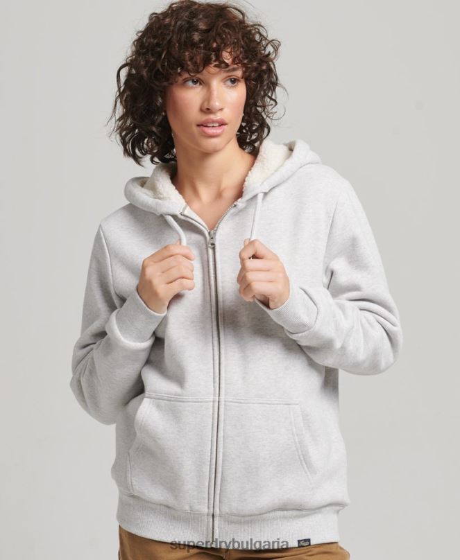 Superdry облекло N00H5752 светло сив Жени есенциална суичър с качулка с цип с подплата