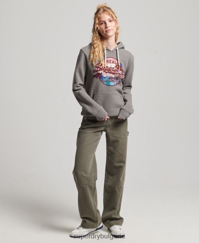 Superdry облекло N00H5753 сиво Жени качулка с японско графично лого