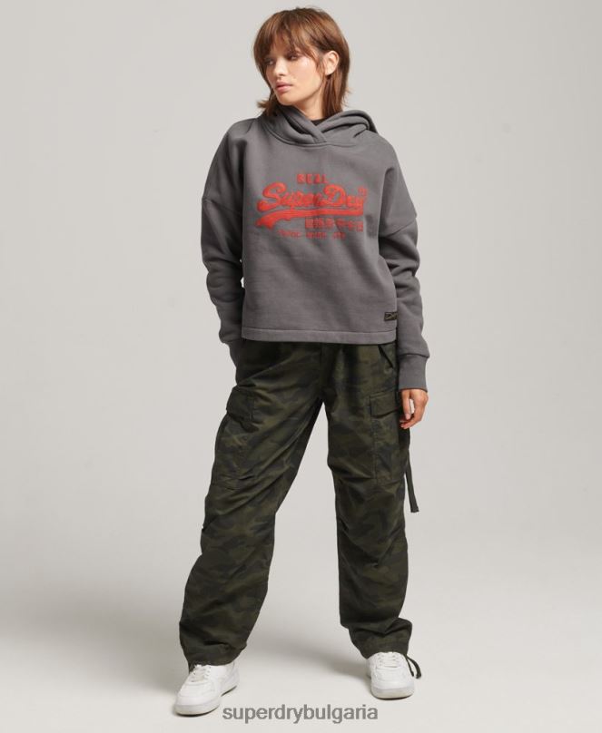 Superdry облекло N00H5764 тъмно сив Жени ретро качулка с лого