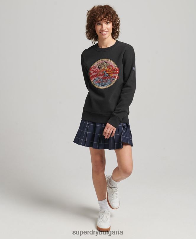Superdry облекло N00H5772 черен Жени винтидж суитшърт с лого и кристали