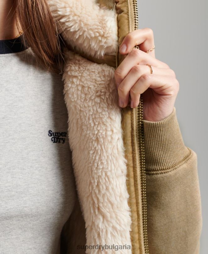 Superdry облекло N00H5793 тен Жени органичен памук черна мечка borg качулка с цип