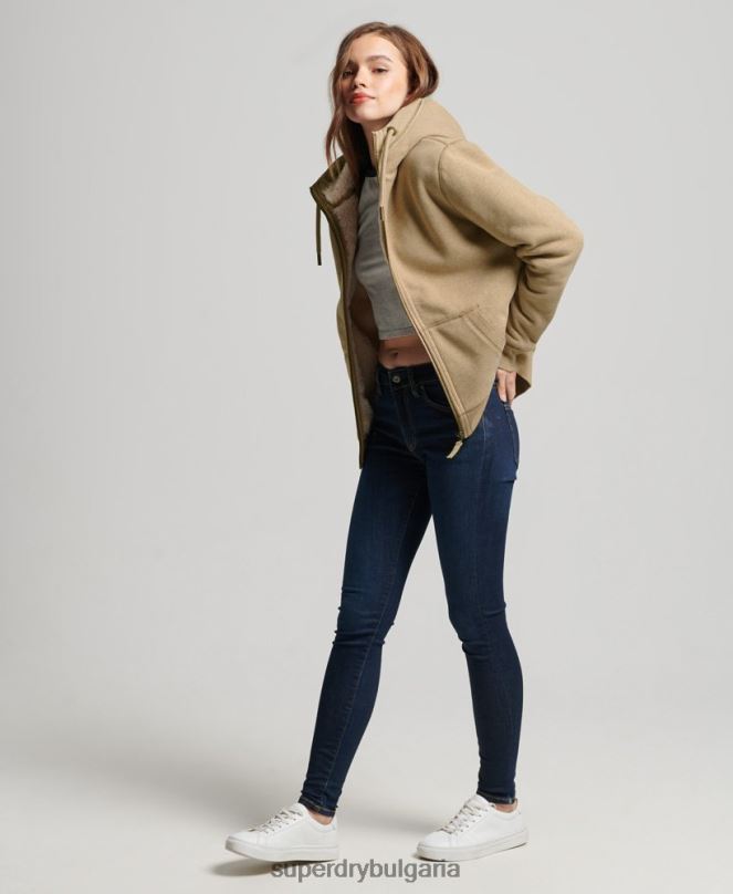 Superdry облекло N00H5793 тен Жени органичен памук черна мечка borg качулка с цип