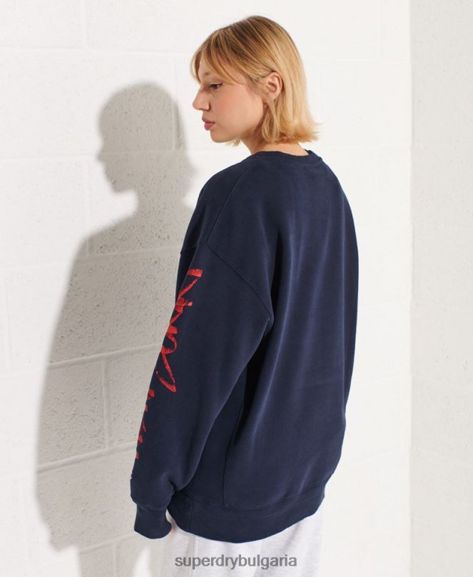Superdry облекло N00H5832 военноморски флот Жени зачеркнат огромен суичър на екипажа