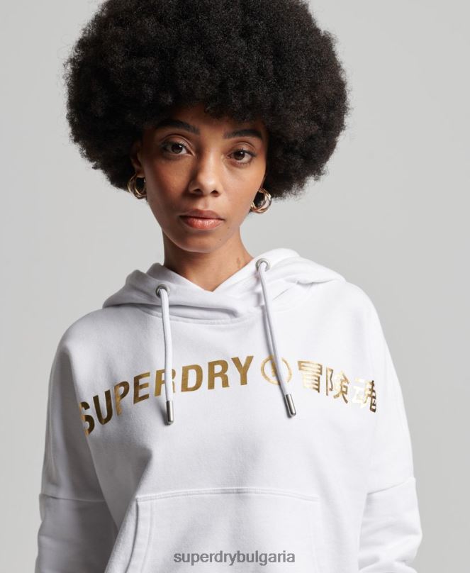 Superdry облекло N00H5844 бяло Жени суичър с качулка от фолио с независимо лого
