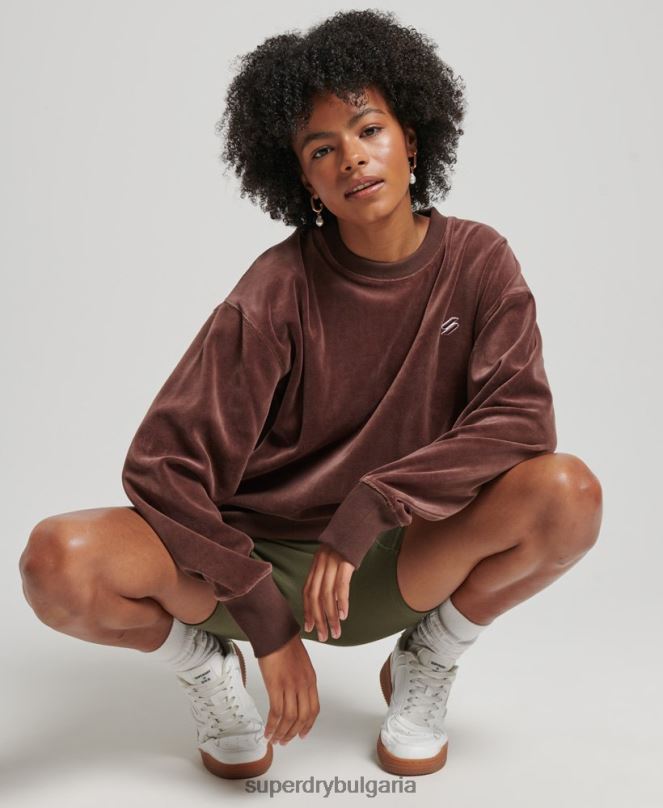 Superdry облекло N00H5856 кафяво Жени код s лого велур голям екипаж