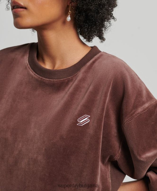 Superdry облекло N00H5856 кафяво Жени код s лого велур голям екипаж
