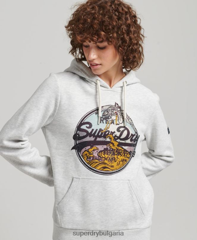 Superdry облекло N00H5863 светло сив Жени винтидж качулка с лого и кристали