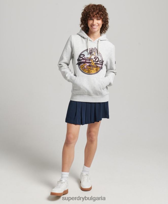 Superdry облекло N00H5863 светло сив Жени винтидж качулка с лого и кристали