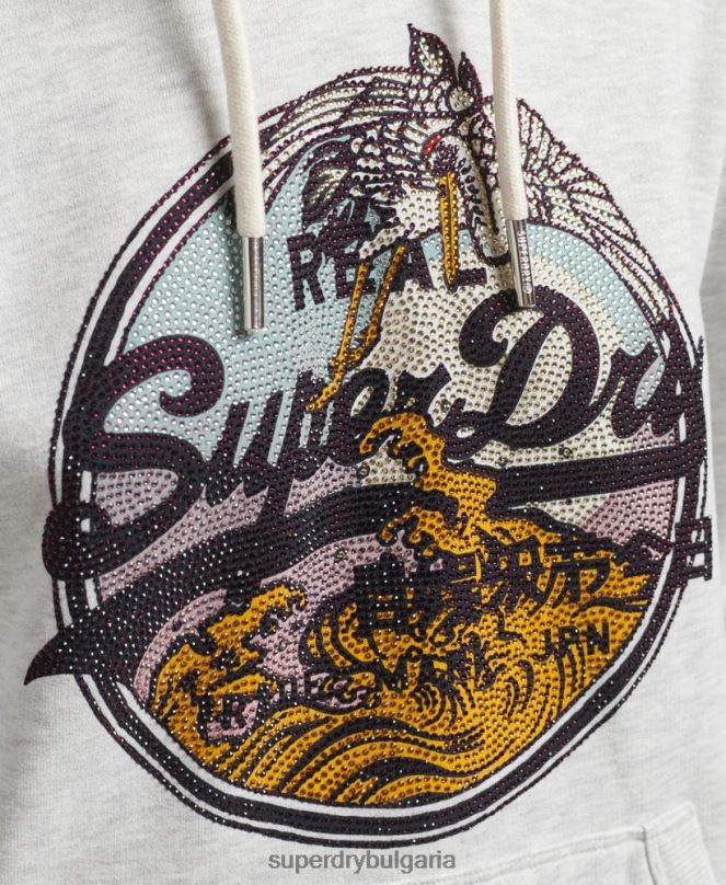 Superdry облекло N00H5863 светло сив Жени винтидж качулка с лого и кристали