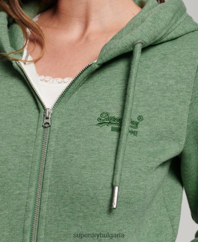 Superdry облекло N00H5957 зелено Жени качулка с цип и лого от органичен памук