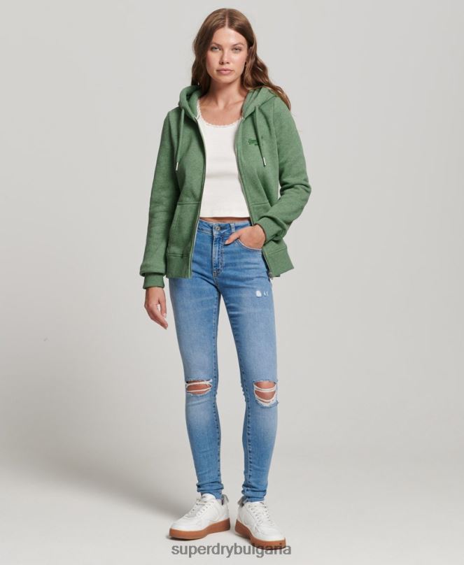 Superdry облекло N00H5957 зелено Жени качулка с цип и лого от органичен памук