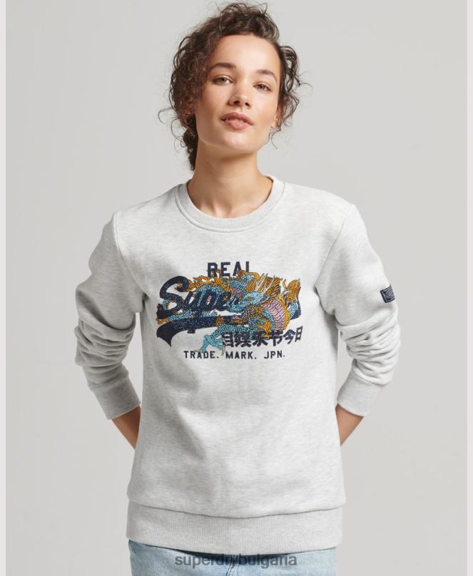 Superdry облекло N00H5982 светло сив Жени винтидж суитшърт с лого и кристали
