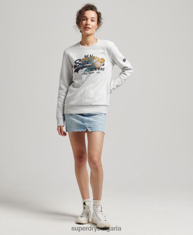 Superdry облекло N00H5982 светло сив Жени винтидж суитшърт с лого и кристали