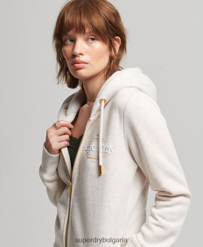 Superdry облекло N00H6022 бежово Жени луксозна качулка с цип с бродирано лого