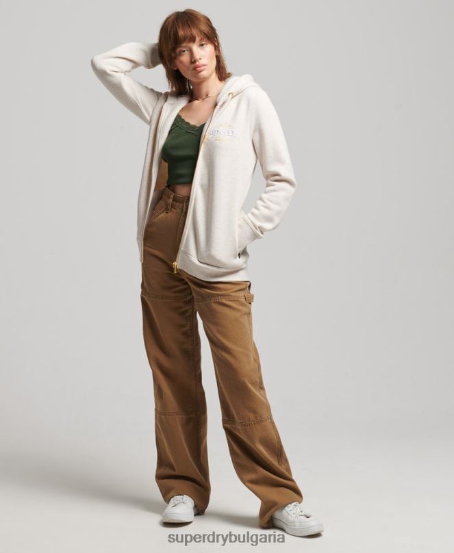 Superdry облекло N00H6022 бежово Жени луксозна качулка с цип с бродирано лого