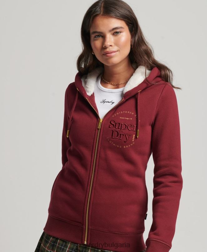 Superdry облекло N00H6023 червен Жени луксозна качулка с цип с бродирано лого