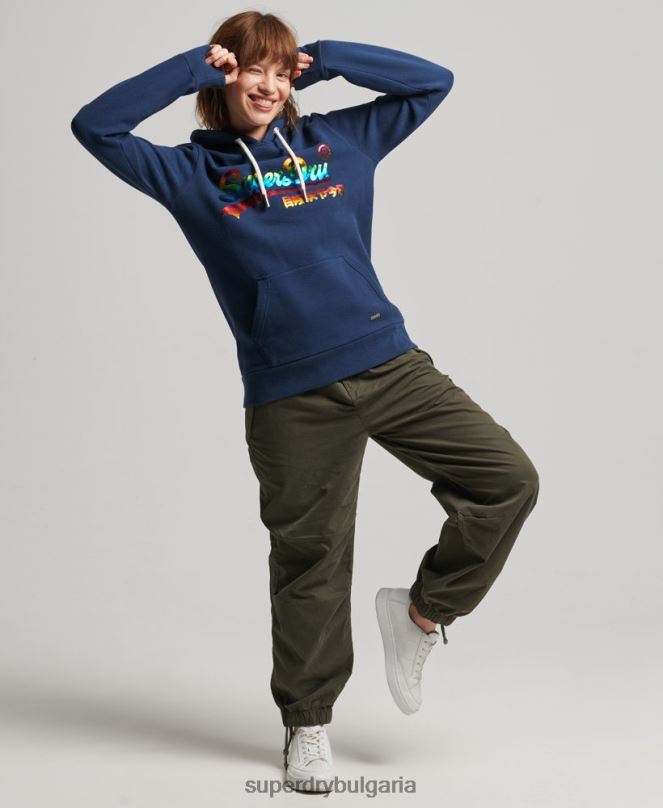 Superdry облекло N00H6029 военноморски флот Жени качулка с графично лого на дъгата