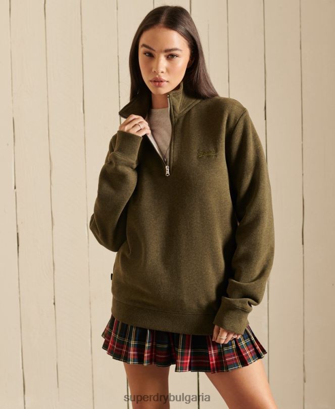 Superdry облекло N00H6038 каки Жени свободен суичър с бродирано лого и хенли с цип