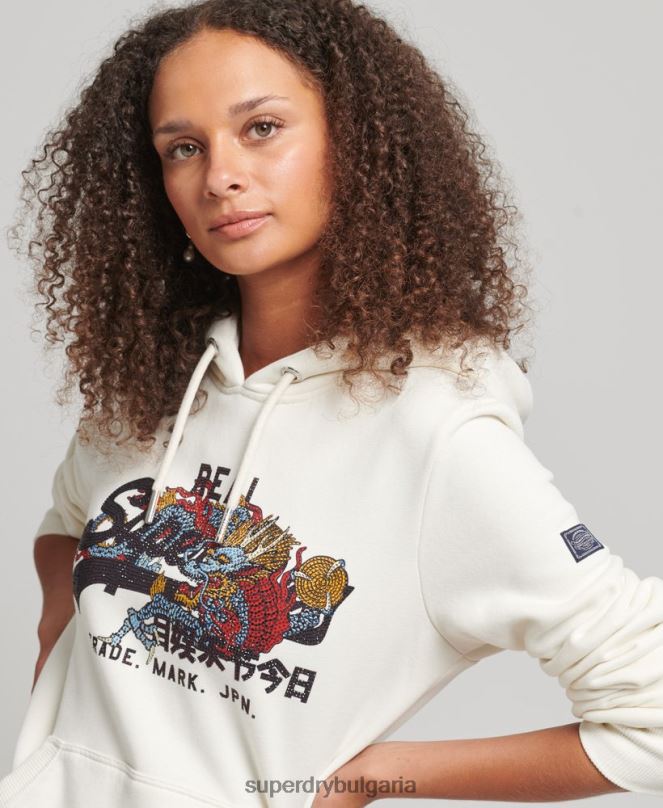 Superdry облекло N00H6083 сметана Жени винтидж качулка с лого и кристали