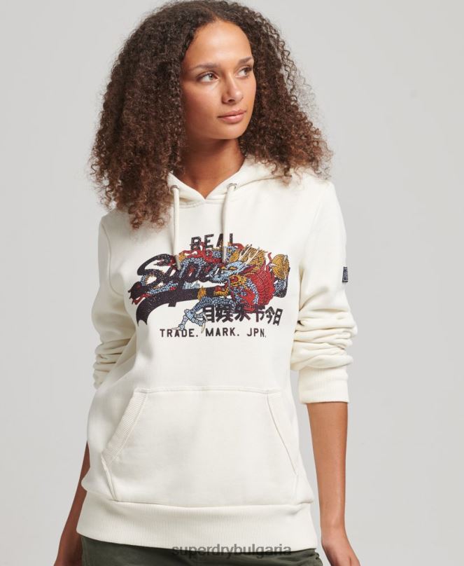Superdry облекло N00H6083 сметана Жени винтидж качулка с лого и кристали