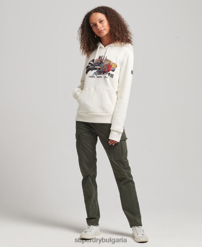Superdry облекло N00H6083 сметана Жени винтидж качулка с лого и кристали
