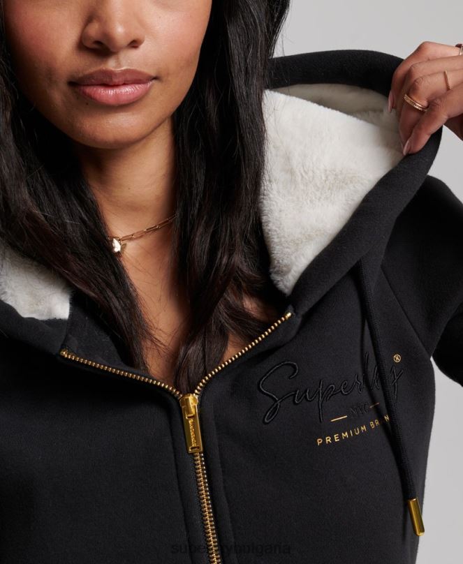 Superdry облекло N00H6100 черен Жени луксозна качулка с цип с бродирано лого