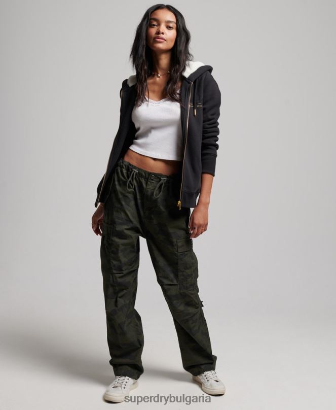 Superdry облекло N00H6100 черен Жени луксозна качулка с цип с бродирано лого