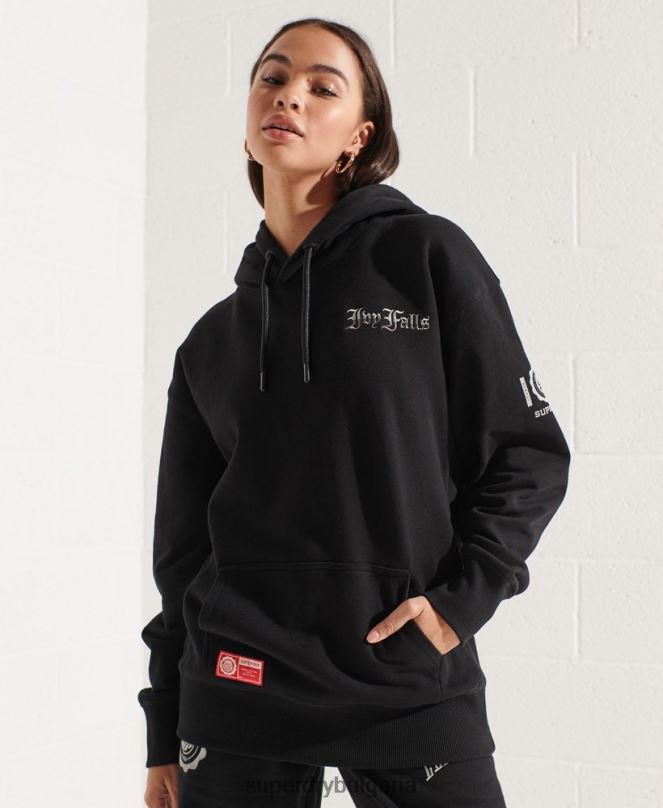 Superdry облекло N00H6173 черен Жени колеж графичен суичър с качулка