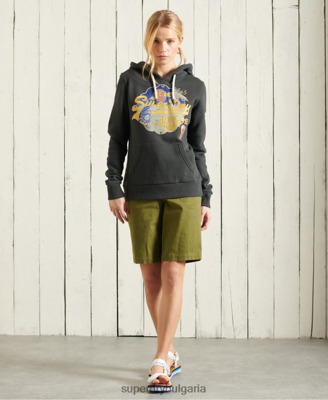 Superdry облекло N00H6178 тъмно сив Жени винтидж качулка с лого