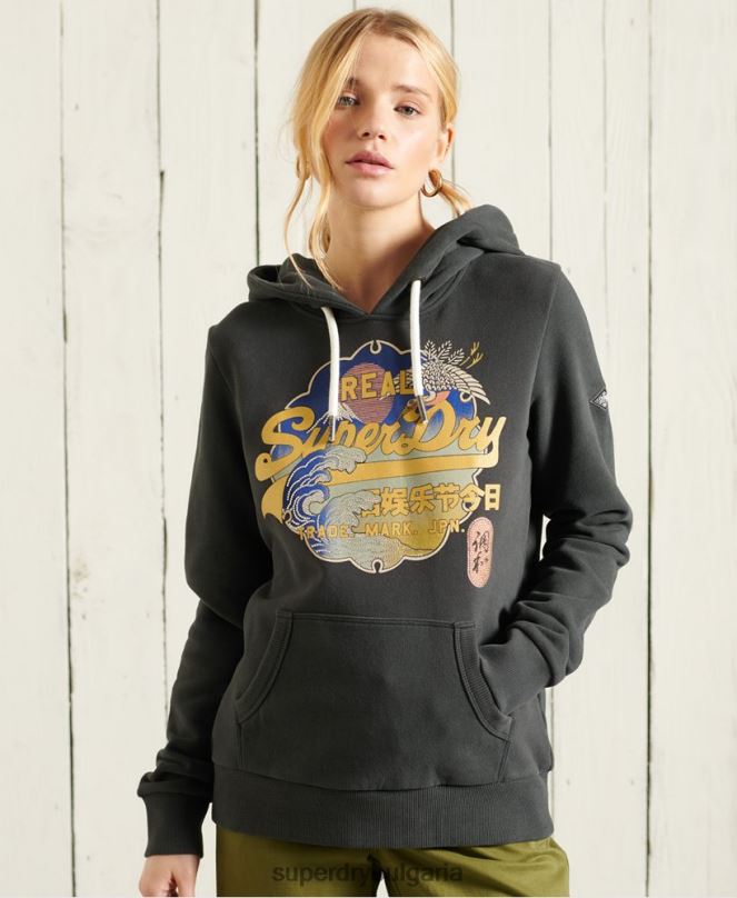 Superdry облекло N00H6178 тъмно сив Жени винтидж качулка с лого