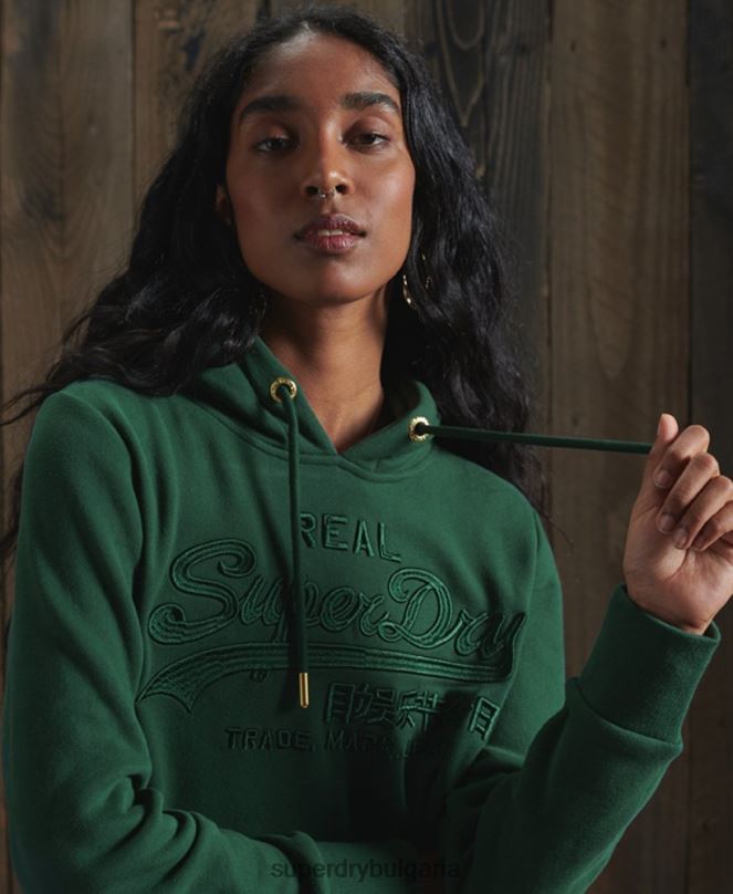 Superdry облекло N00H6183 зелено Жени бродирана качулка с ретро лого в тон