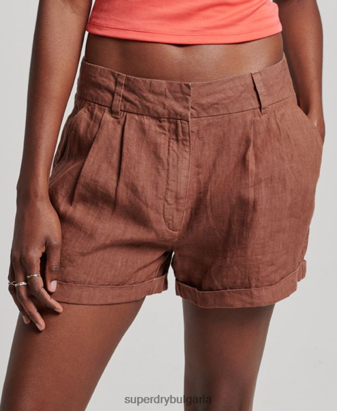 Superdry облекло N00H2237 кафяво Жени пребоядисани ленени шорти