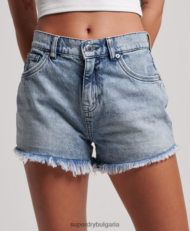 Superdry облекло N00H3097 светло синьо Жени Дънкови шорти с висока талия студия от органичен памук