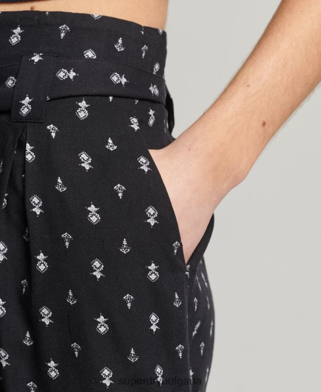 Superdry облекло N00H3130 черен Жени шорти с реколта хартиени щампи ecovero