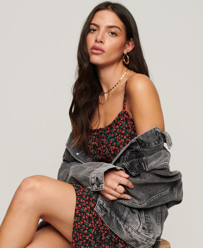 Superdry облекло N00H1987 черен Жени миди рокля с принт копчета