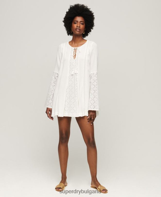 Superdry облекло N00H2079 сметана Жени мини рокля с дантелени разкроени ръкави