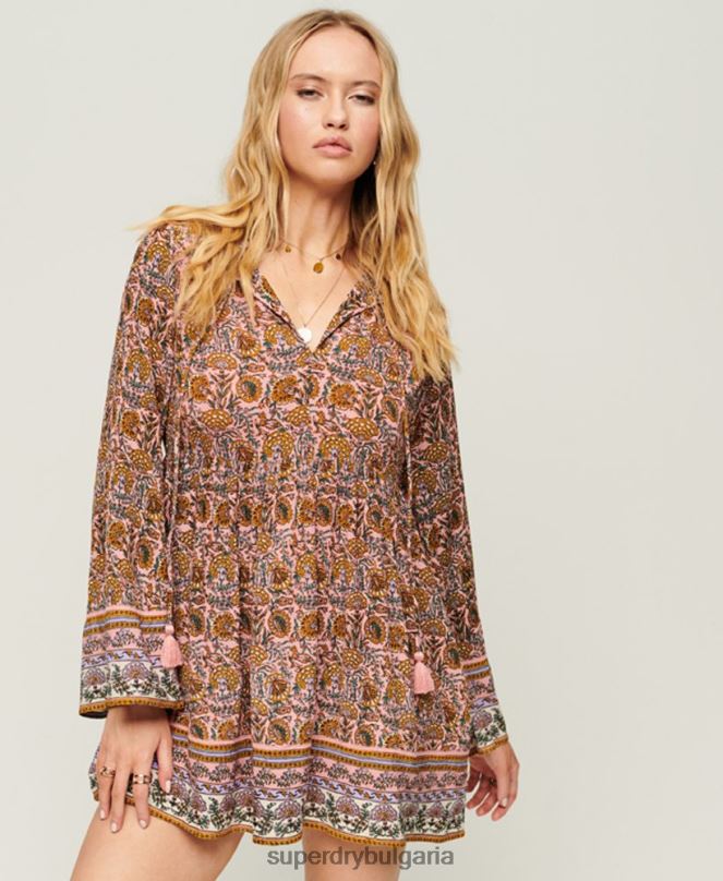 Superdry облекло N00H2080 розово Жени мини рокля с изпъкнали ръкави от 60-те