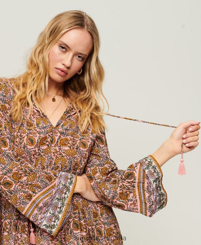 Superdry облекло N00H2080 розово Жени мини рокля с изпъкнали ръкави от 60-те