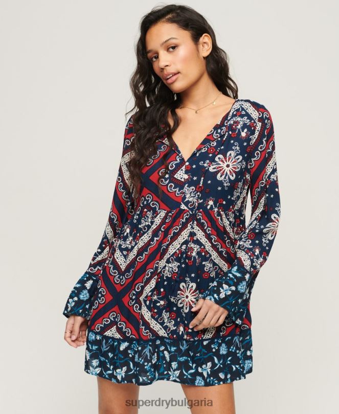 Superdry облекло N00H2094 син Жени мини рокля с изпъкнали ръкави от 60-те